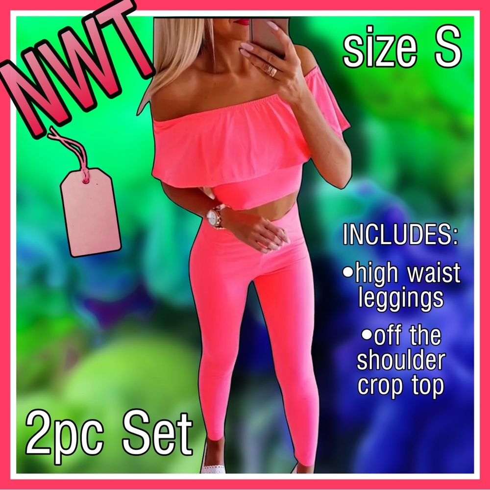 !NWT! cute pink high waist leggings & off the shoulder crop top 2pc SET size S